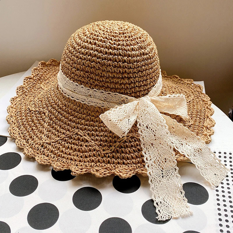 Women Lace Sun Hats For Wide Brim Straw Beach Cap Summer Visors Hat Foldable Sun Hat Fashion Straw Hat Female UV Protection Cap 250227