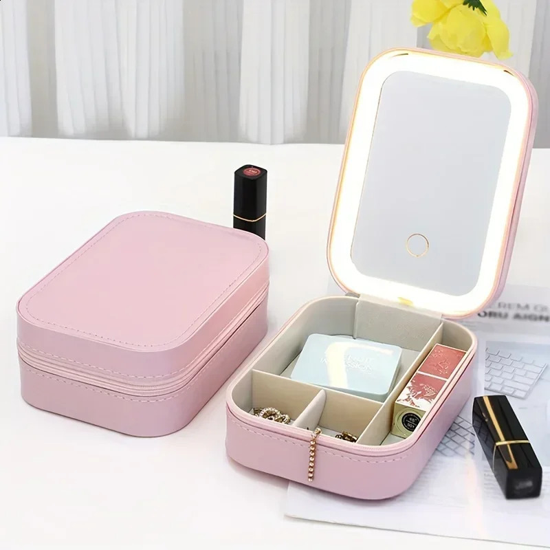 1pc USB Rechargeable LED Makeup Mirror Travel Cosmetic Bag with Light Makeup Storage Organizer Lighted Vanity Mirror 250228