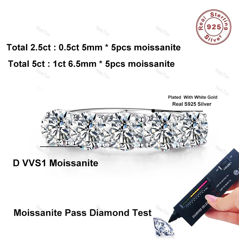 NeeTim 5mm 6.5mm Full Moissanite Ring for Women S Sterg Sier Eternity Sparkg Dia Band Wedding Rings Jewelry GRA