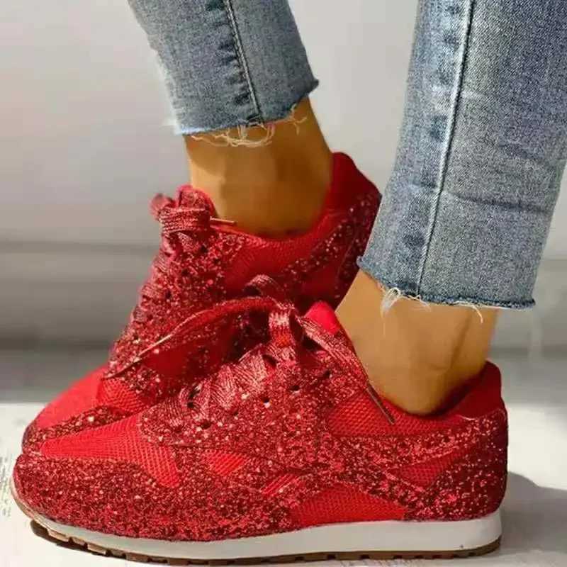 Womens Flat Glitter Sneakers Casual Bling Vulcanized Shoes Female Mesh Lace Up Platform Comfort Plus Size Fi Ladies AutumnXJ250301