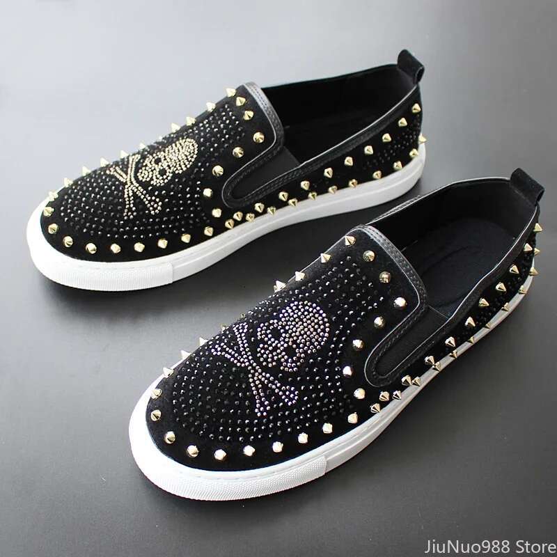 2025 New For Men Tide Leather Casual Spring Autumn Cool Skull Rivet Flat Shoes Leisure Slip-On Loafers