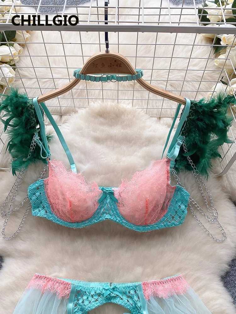 CHILLGIO Women Sexy Hot Lace Bra Brief Suits Vintage Feather Patchwork Lingerie Erotic Bodycon Fashion Intimate Underwear SetsXJ250301