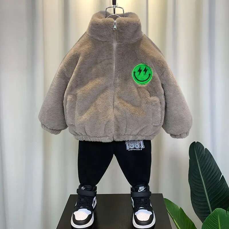 Ddmyshoesvip Winter Kids Fleece Jacket Baby Boys Girls Cashmere Thicken Baseball Clothes Children Plush Warm Smile Pattern Cardigan Teen Coat