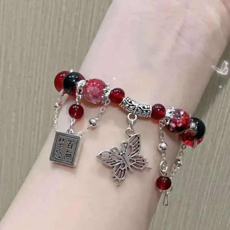 2025 New Trendy Red Beaded Chain Bracelet for Women Simple Hollow Butterfly Pendant Bracelets Jewelry Gifts Accessories