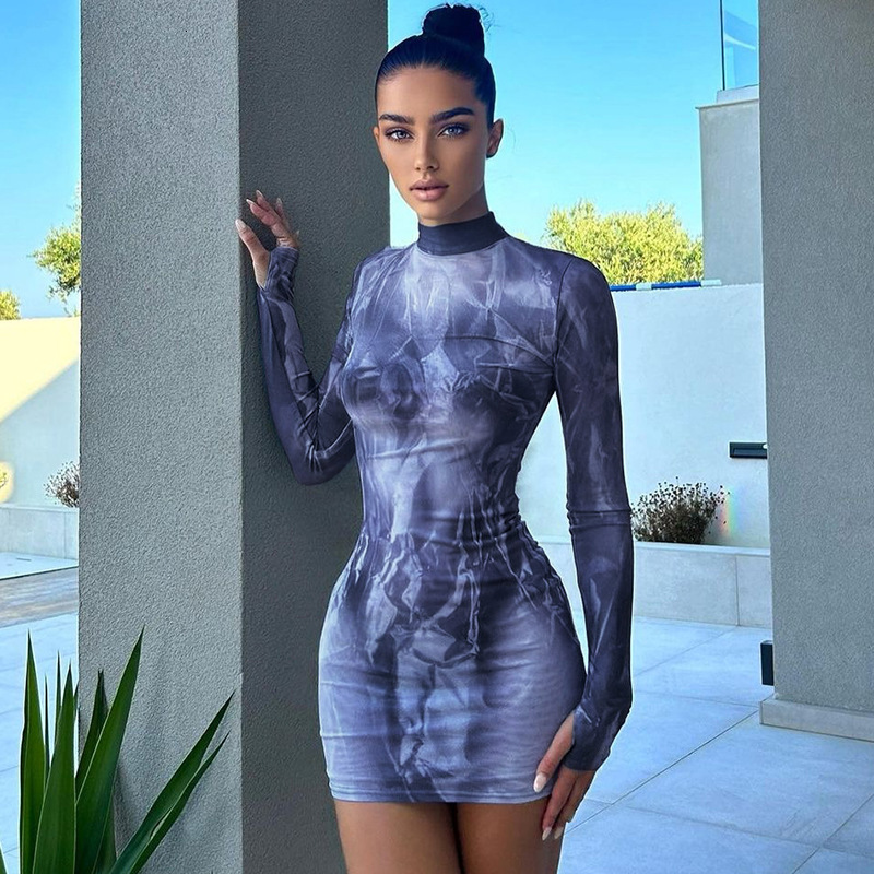 Women's New Summer New Product Fashionable Printed Slimming Round Neck Long Sleeve Hip Wrapped Dress For Women
