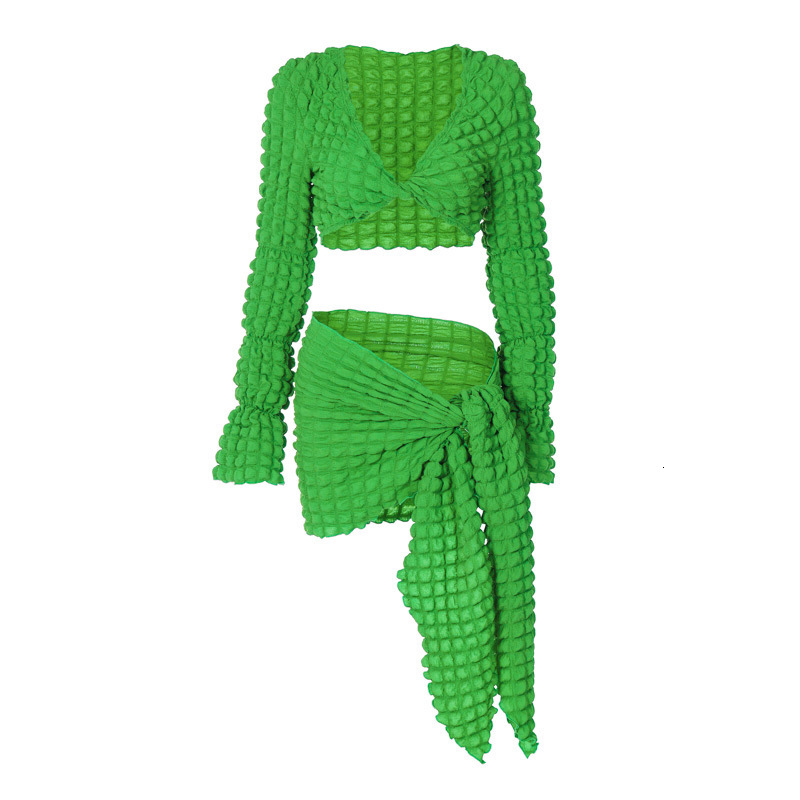 Women's New Autumn New Sexy V-Neck Long Sleeved Top Slim Fit Lace Up Short Half Skirt Set