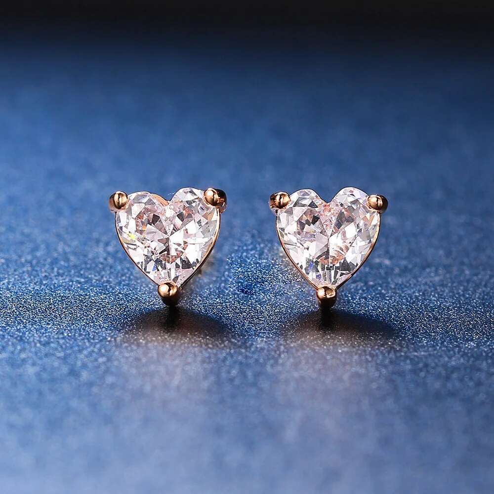 ZHOUYANG Love Heart Earrings For Women Korean Style Zircon Rose Gold Color Stud Ear Ring Accessories Jewelry Gift E342