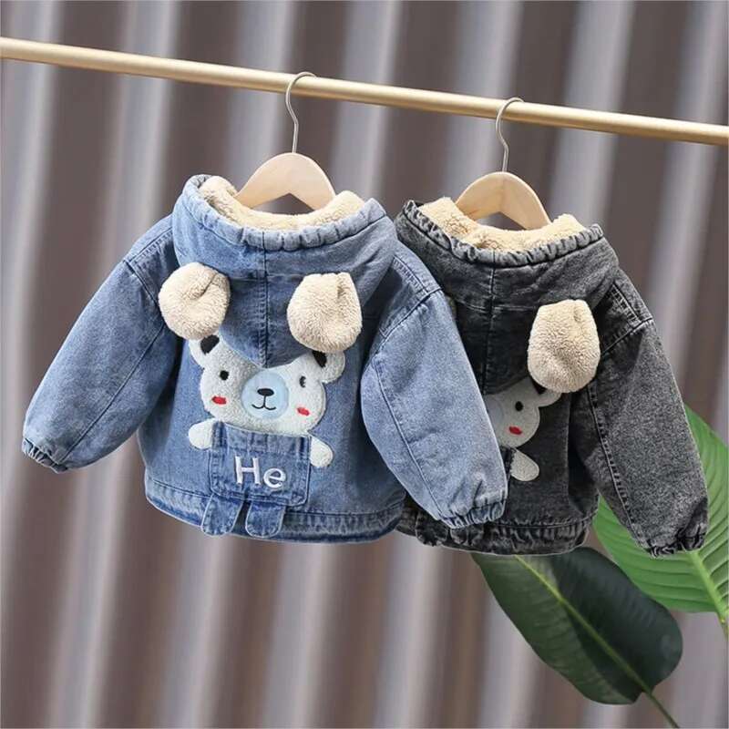 Ddmyshoesvip Korean Autumn Winter Girl Denim Jacket Cartoon Bear Hooded Plus Veet Boy Outerwear Coat Year Kids Parka Outfit