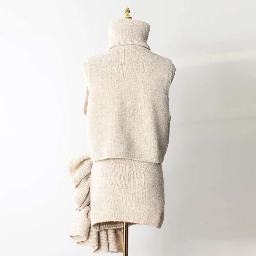 TWOTWINSTYLE Three Piece Set For Women Lapel Long Sleeve Coat Neck Vest High Waist Spliced Appliques Skirt Chic Sets Female