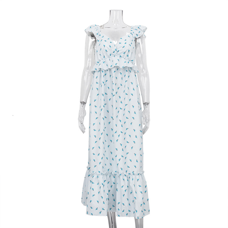 Women's New3 Summer New Ruffle Print Casual Fashion V-Neck Open Back Long Dress
