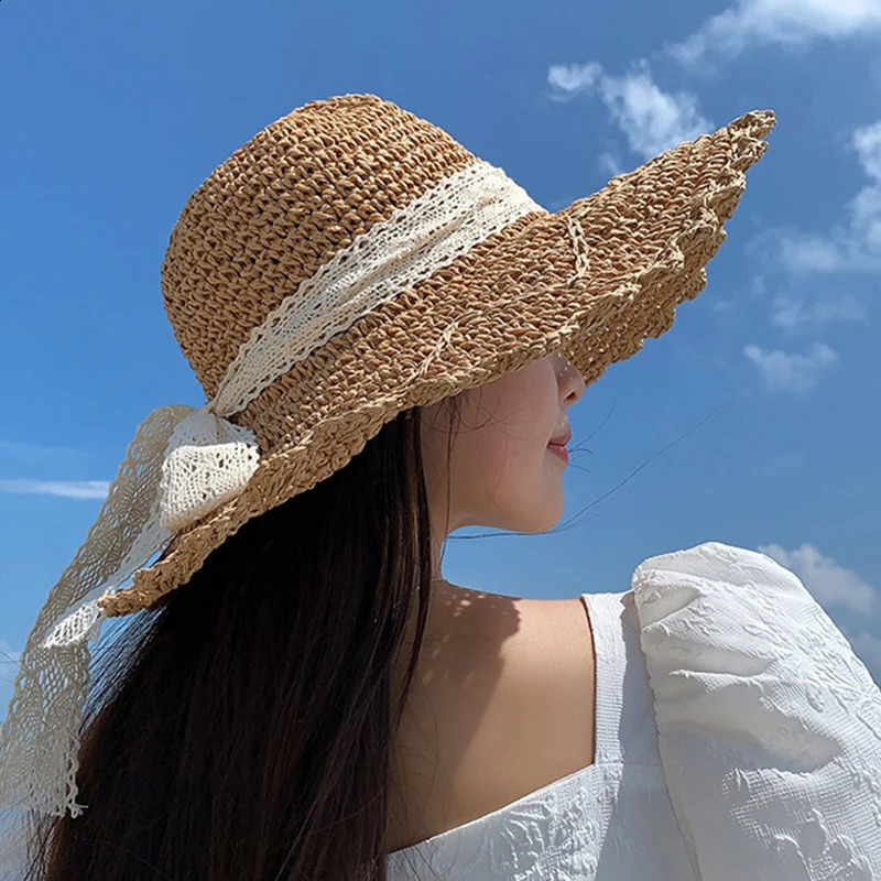 Women Lace Sun Hats For Wide Brim Straw Beach Cap Summer Visors Hat Foldable Sun Hat Fashion Straw Hat Female UV Protection Cap 250227