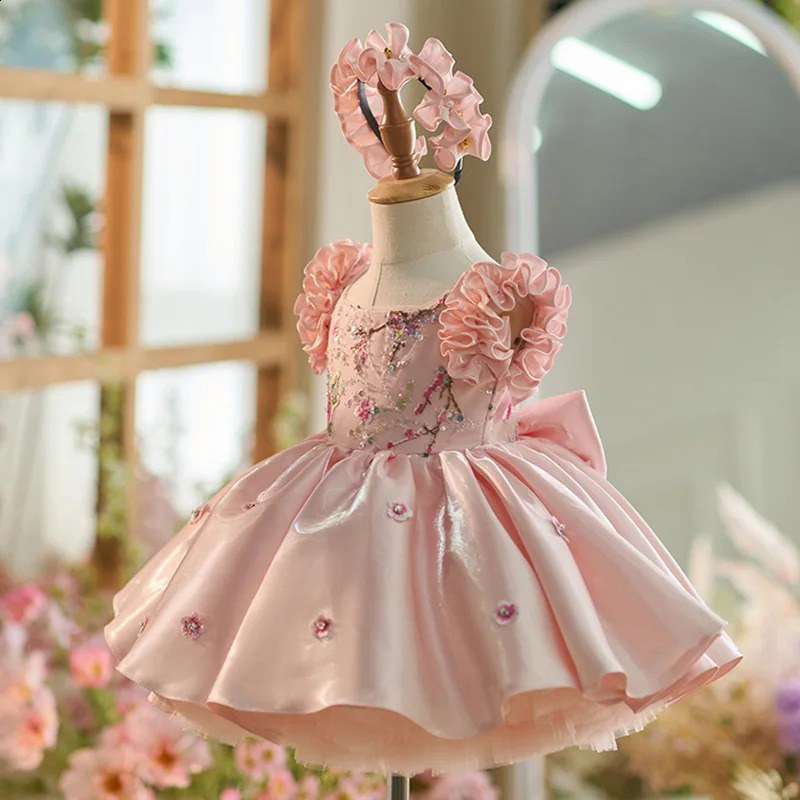 Baby Kids Princess Lace Satin Tulle Flower Girl Dress Children First Communion Dress Ball Gown Wedding Party Dress Birthday 250228