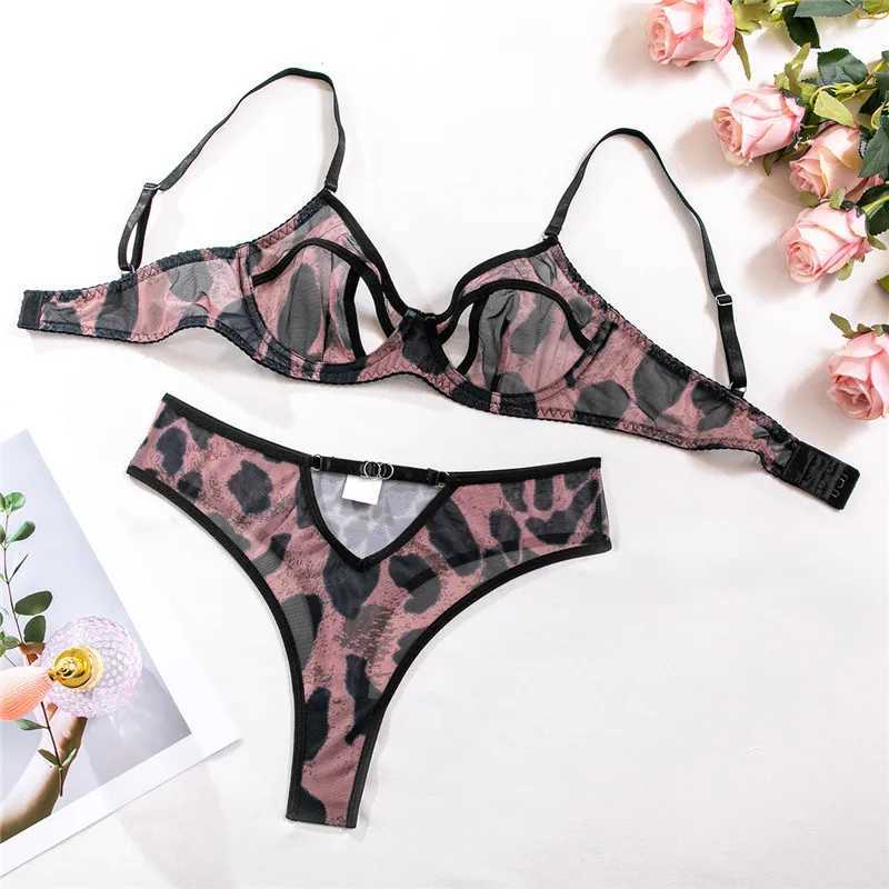 Hollow strapless bra set sexy womens leopard see through romantic lingerie set mesh lingerie fancy exotic intimate suitXJ250301