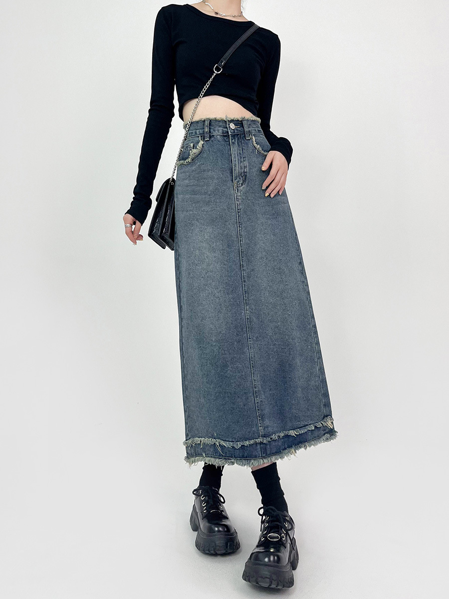 G671623 Denim skirt skirt women's spring and summer small design niche long skirt A-line skirt high waist