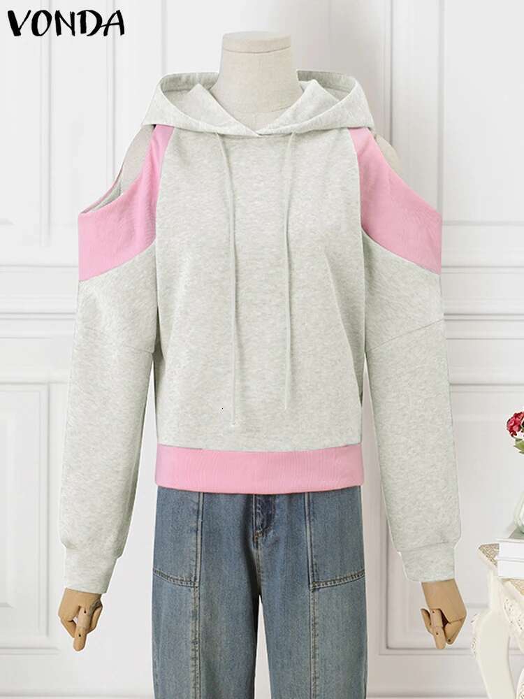 Casual Long Sleeve Pullovers Women Hooded Sweatshirts 2024 VONDA Korean Sweety Off-The-Shoulder Patchwork Jumpers Oversized