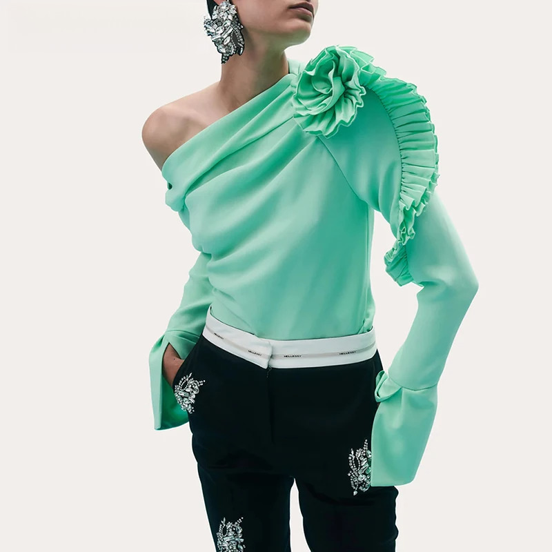 Patchwork Appliques Asymmetrical Blouse For Women Diagonal Collar Long Sleeve Solid Pullover Shirts Female Fashion