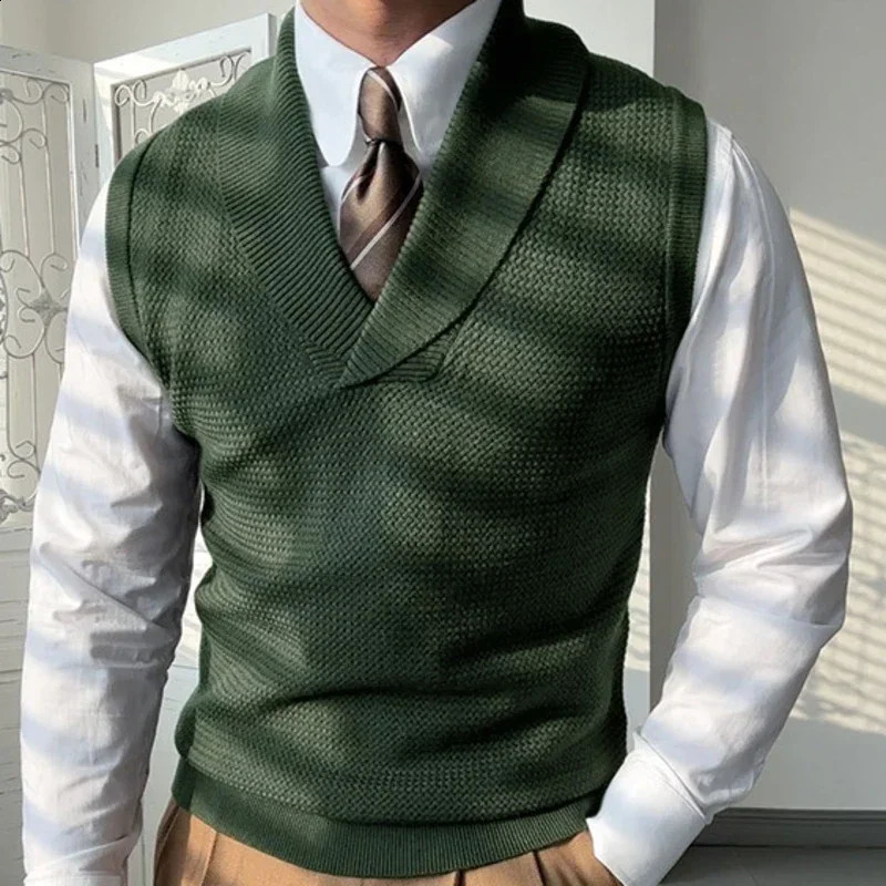 Green Fruit Collar Knitted Vest Korean V Neck Solid Men Sleeveless Pullover British Retro Warm Sweater 250225
