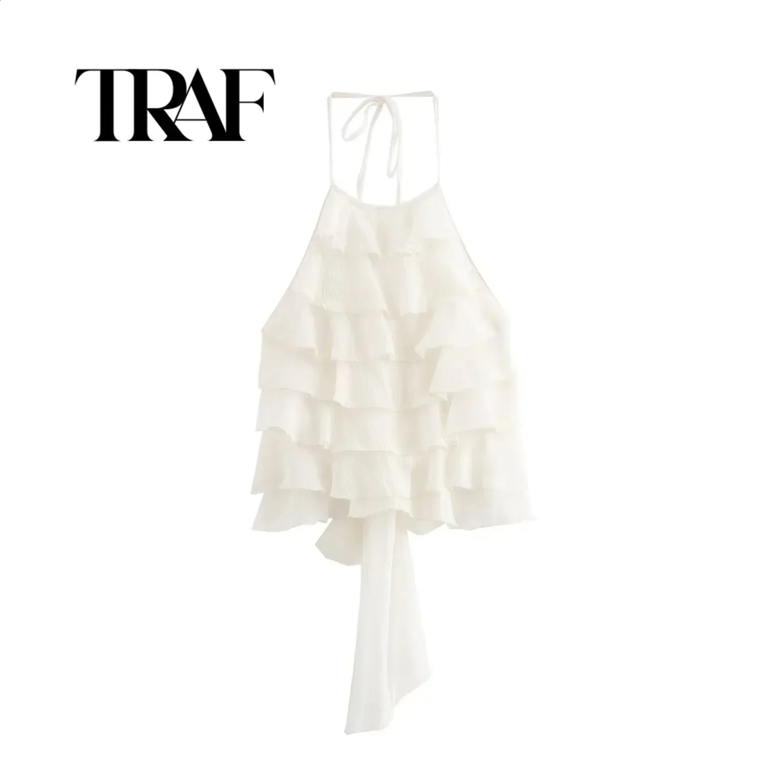 TRAF Halter Collar Tops Woman 2024 Sweet Lace Up Sleeveless Backless Bow Layered Decoration Off the Shoulders Sling 250226