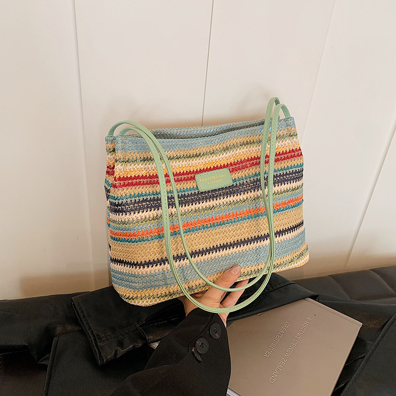 Summer Rainbow Grass Large for Women 2025 New Style Vacation Beach Woven Shoulder Commuter Tote Bag #swissmilitary