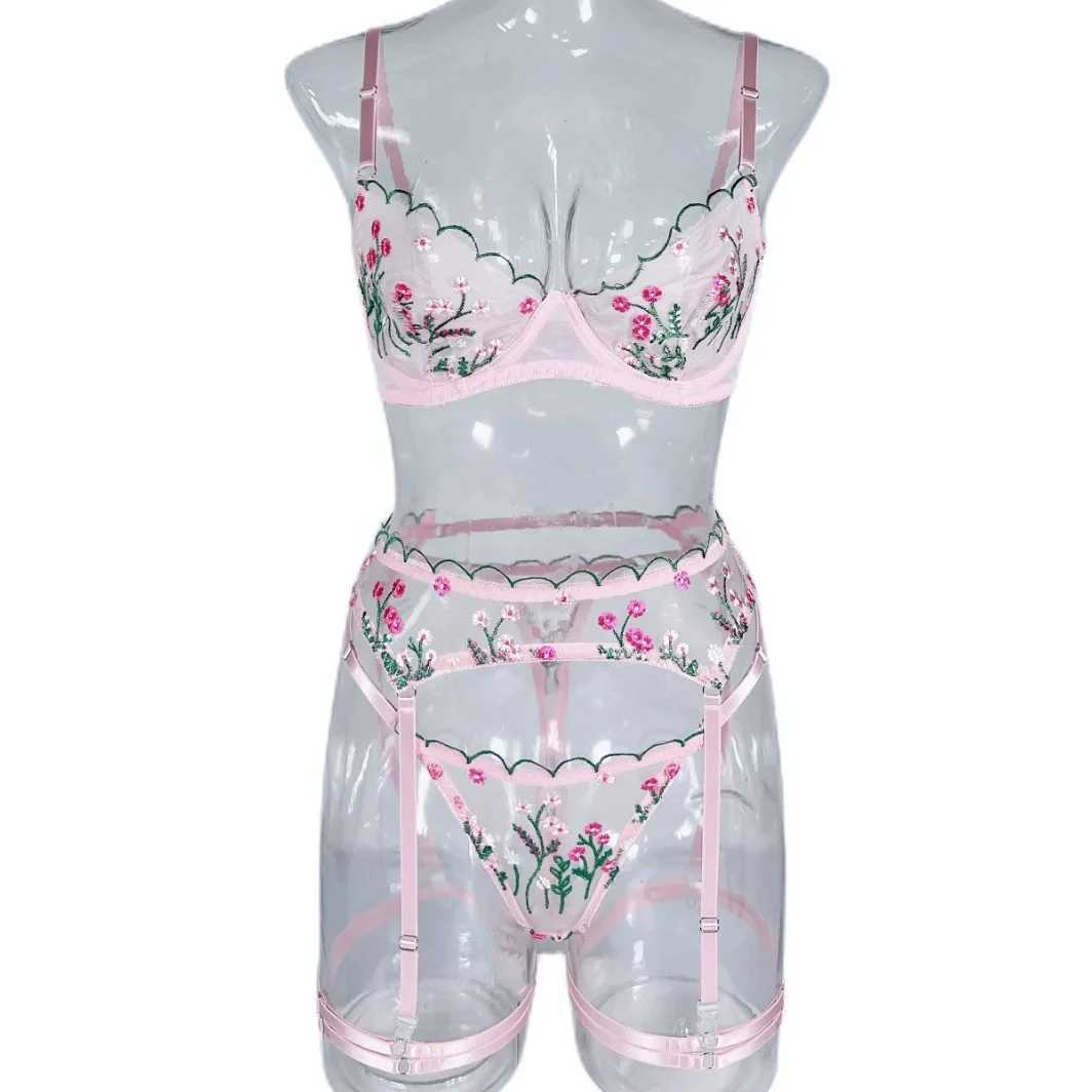 Ultra-thin embroidered flower bra set women large size pink underwear sexy erotic lingerie garter three-piece bra setXJ250301