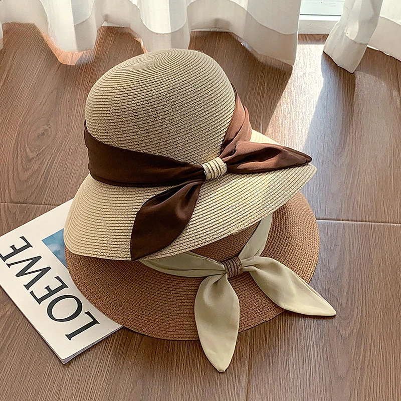 Summer Womens Sun Hat Wide Brim Foldable French Tie Straw UV Protection Casual Sun Hat for Outdoor Activities 55-58cm 250227