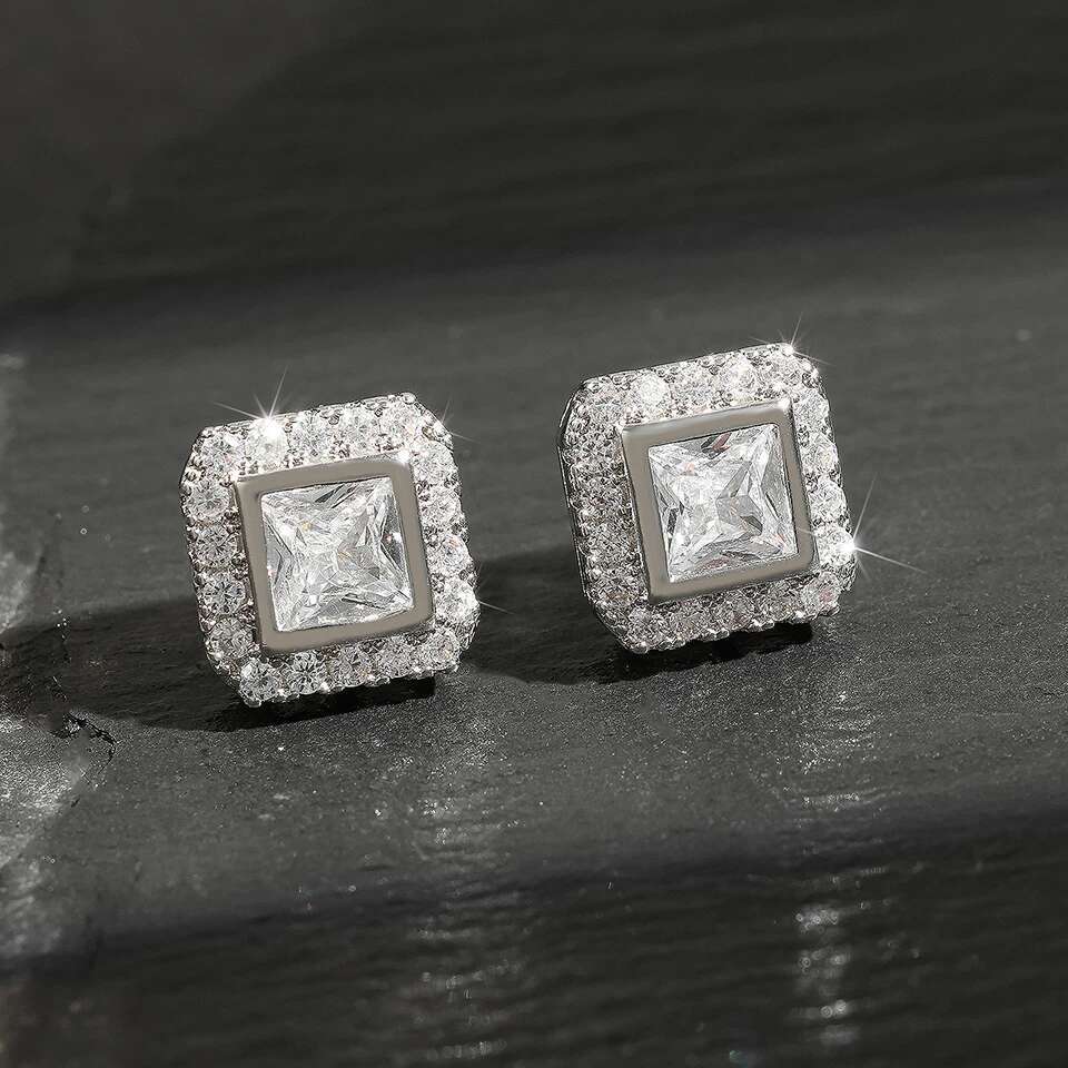 TrendMen Hiphop Rock Square Cubic Copper Zirconia Stud Earrings For Men Boy Sier Color Metal Crystal Earring Party Ear Jewelry