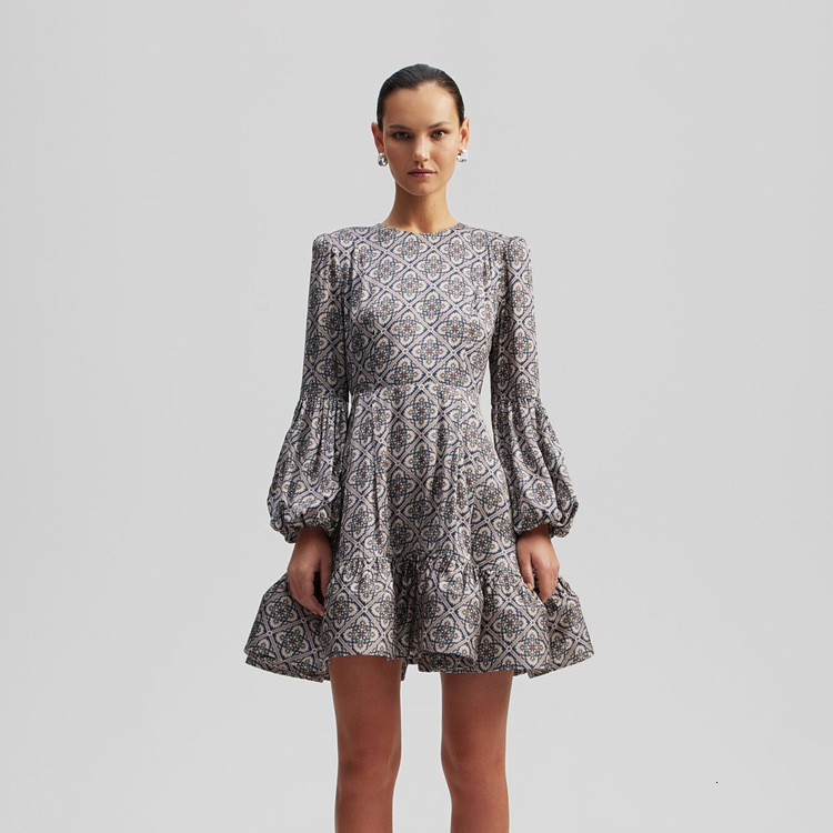 New4 Early Spring New Ethnic Style Round Neck Slim Fit Printed Skirt Tea Break French Long Sleeved Dress For Women