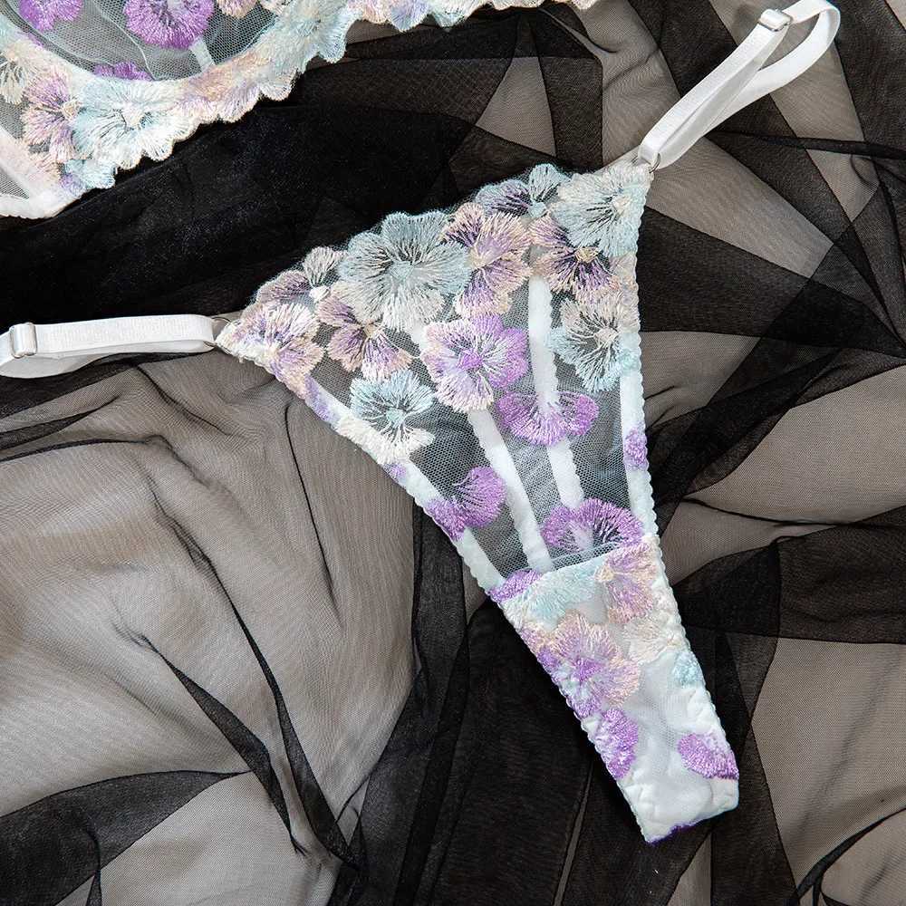 Womens Sexy Suspender Lingerie Set Blue and White Embroidery Mesh Bra Soft Steel Ring Perspective Exotic Apparel Suit UnderwearXJ250301