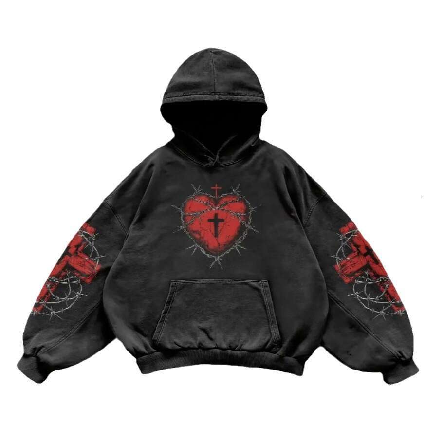 fashionable loose fitting pullover cross heart print side pocket hooded sweatshirt gift for man