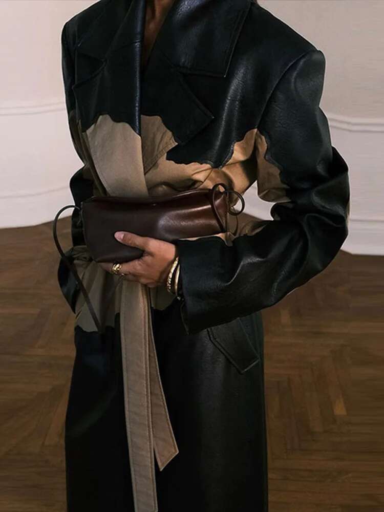 Elegant Contrast Leather Women Vintage Lapel Single Breasted Lace Up Split Belt Female Coat 2024 Autumn Winter Lady Outwear