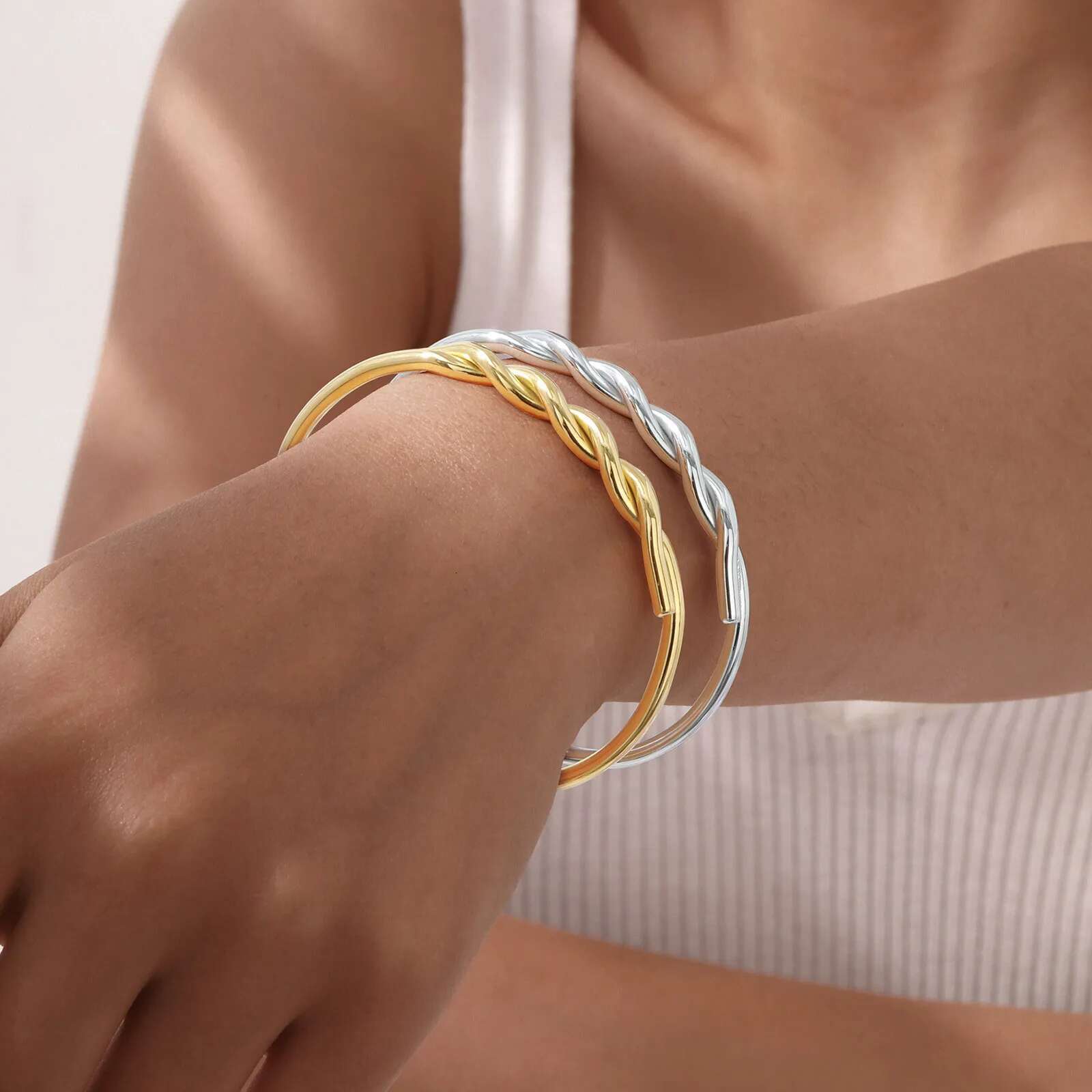 Twist Cuff Bangle, Stainless Steel Bracelet Gold Plated Minimalist Jewelry, Open Bangles for Womens Girls