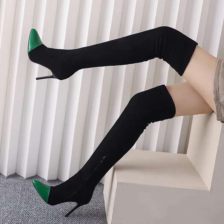 Sexy Stretch Fabric Patchwork Pointed Toe Thigh Slip On Stiletto High Heels Elastic Over The Knee Sock Boots Shoes