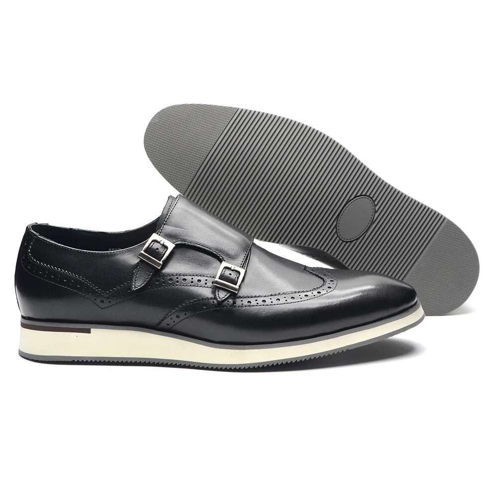 European Men Sneakers Genuine Cow Leather Monk Strap Basic Double Buckles Wingtip Brogue Casual Office Party Mens Shoes