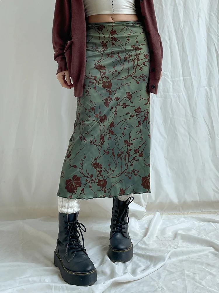 SUCHCUTE y2k Vintage Floral Printing Midi Skirts Women Harajuku Fairycore Green Straight Maxi Skirt Aesthetic Sweet Clothes 250224