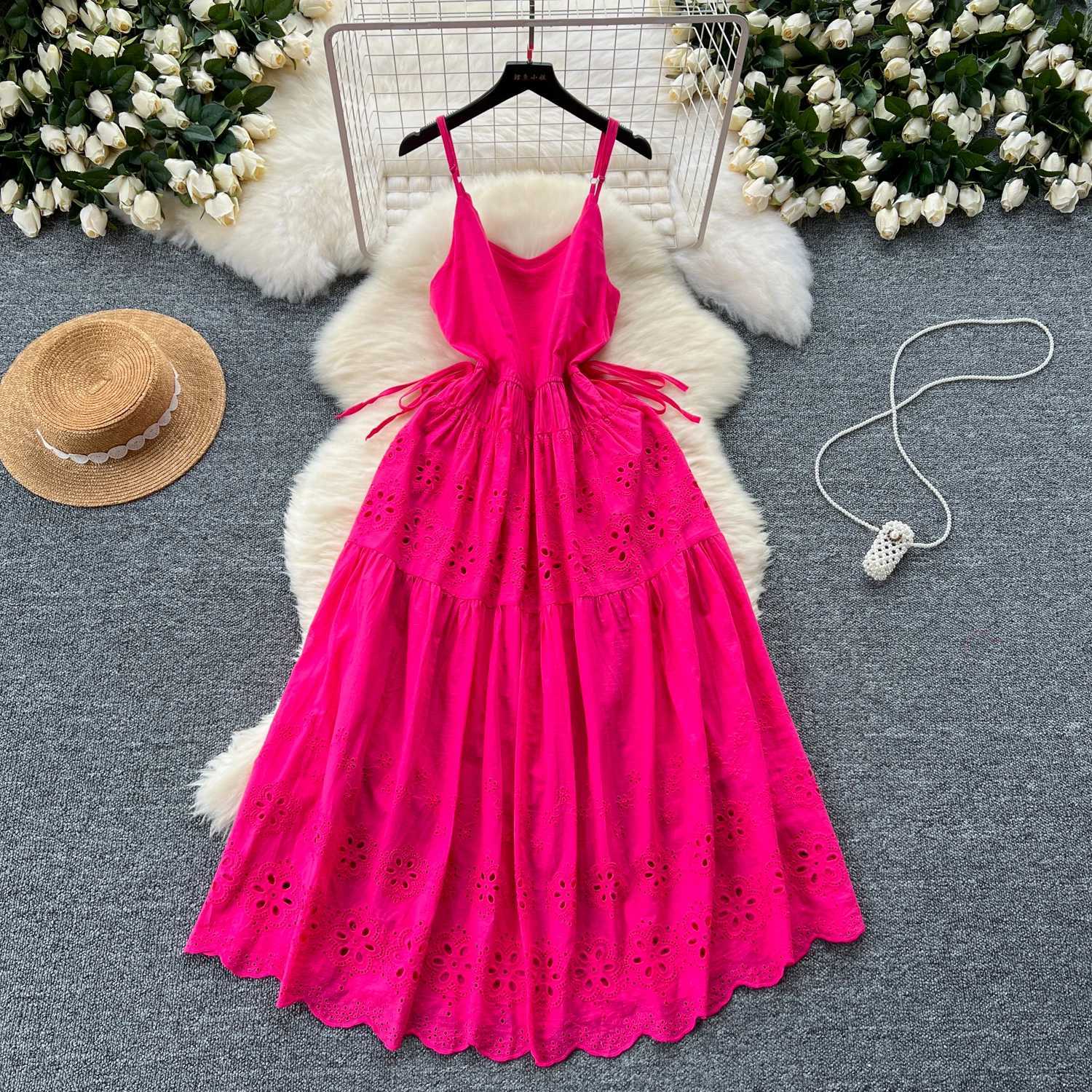 Basic Casual Dresses Korean Sexy Backless bandage cut out Embroidery Slip Dress A-line Chic Casual Beach Vacation Women Summer Vintage Dresses J250301