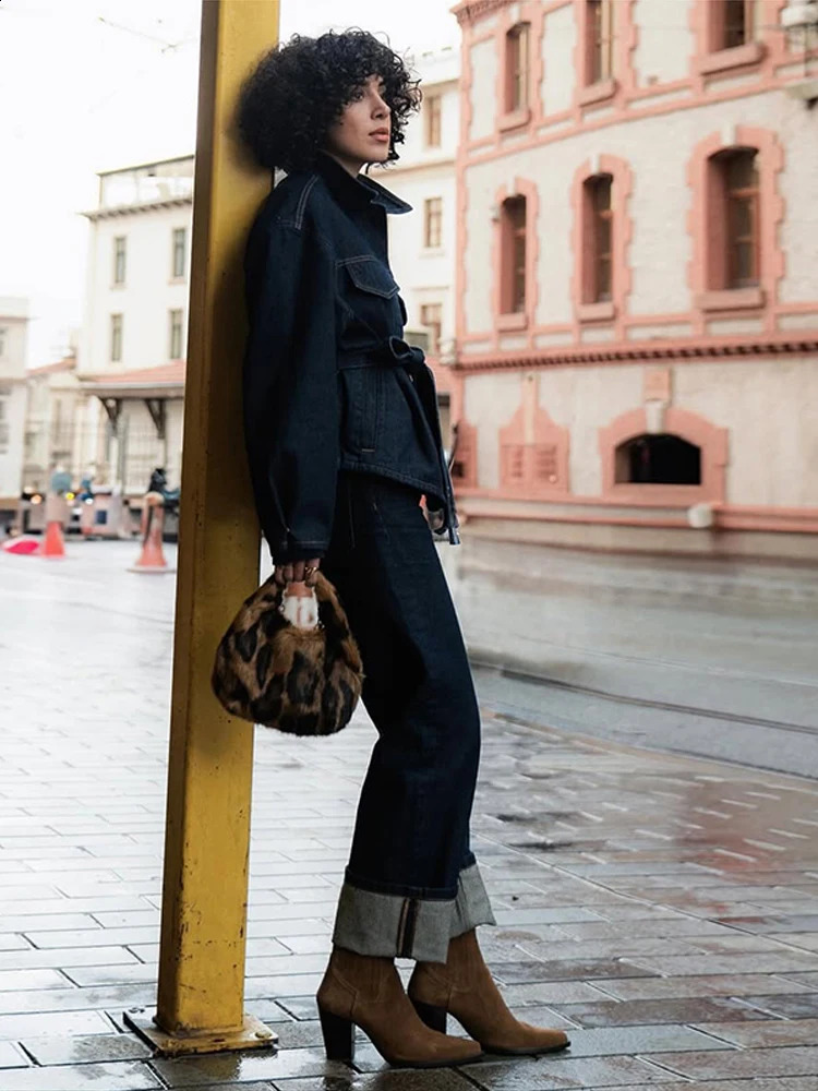 Street Denim 2 Pieces Suit Women Lapel Full Sleeve Single Breasted With Belt Jacket Wide Leg Jeans Female Set Spring Summer 250225