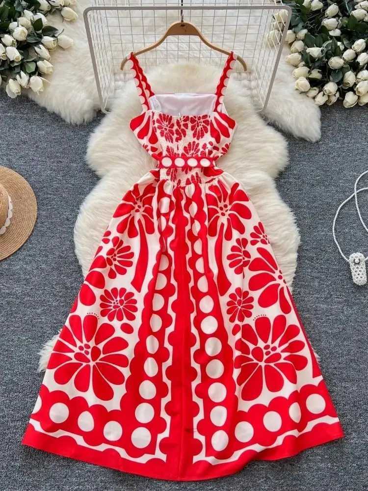 Basic Casual Dresses Runway Fashion 2025 Summer Holiday Polka Dots Flower Long Dresses Womens Bohemian Beach Party Midi Dresses J250301