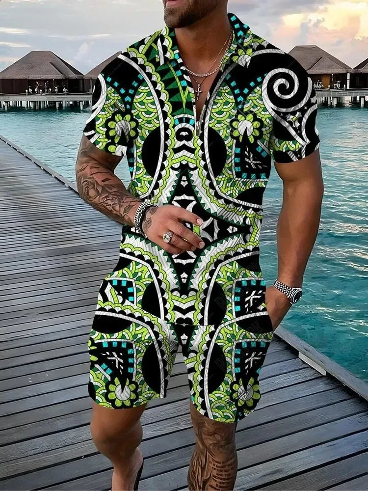 Summer 3D Print Mens Tracksuit Set Casual Zipper Polo Shirt Shorts 2pcs Sets Fashion Boho Geometric Style Men Holiday Clothing 250224