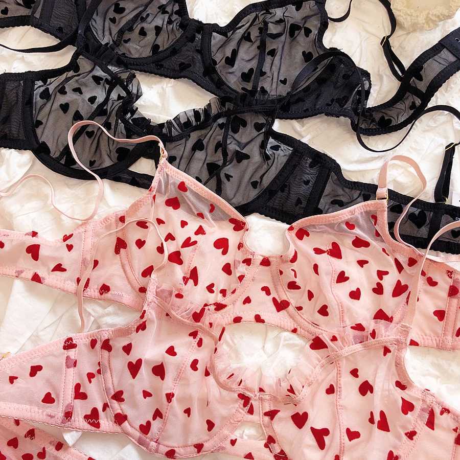 New Lingerie Thongs Set Sexy Ultra Thin Transparent Bra Women Underwire Push Up Bra Set Summer Romantic Peach Heart UnderwearXJ250301