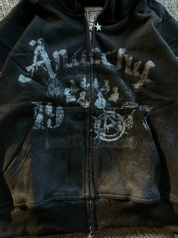 American Zipper Hoodies Y2K Clothes Mens Gothic Hip Hop Letters Graphics Rhinestones Vintage Hoodies Sweatshirts Zipper Jackets 250226