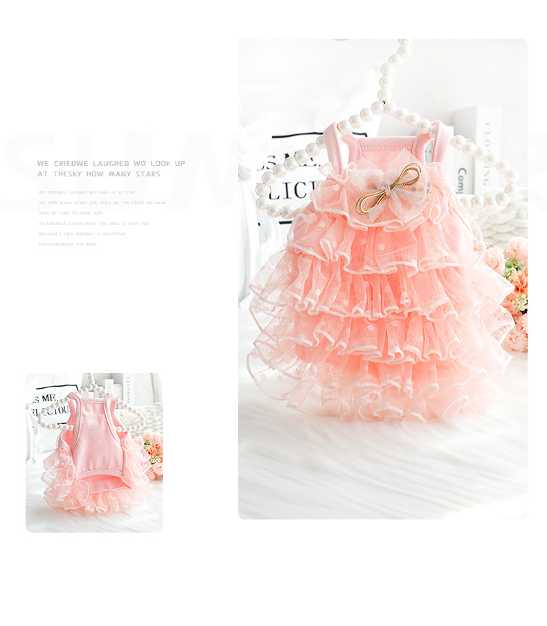 Multi Layer Dress with Lace Bow, Pet Bride Costume Clothes for Small Dogs Girls, Formal Dog Wedding Party Dresses Apparel Pink Medium M D48 Free shipp