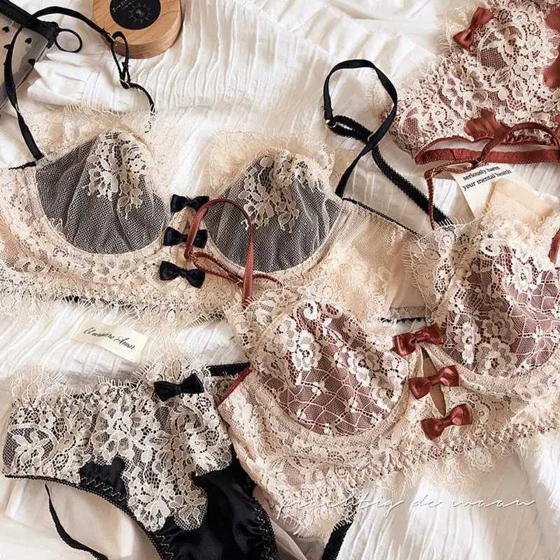 French sexy eyelash lace lingerie set with large chest and small push up anti sagging braXJ250301