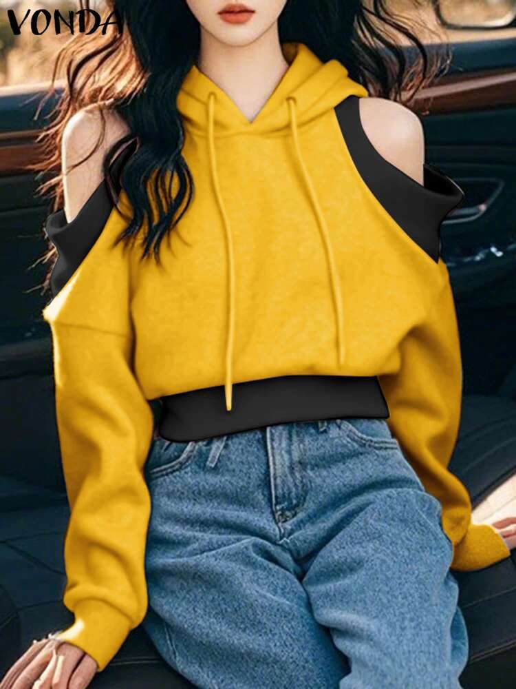 Casual Long Sleeve Pullovers Women Hooded Sweatshirts 2024 VONDA Korean Sweety Off-The-Shoulder Patchwork Jumpers Oversized