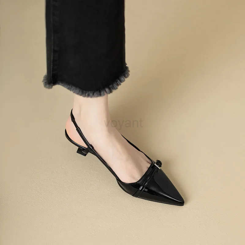 2024 New Summer French Wine Red Pointed Patent Leather Mid-heel Over Sandals for Wen Retro Skinny Heel Back Emp Shoes Z250326