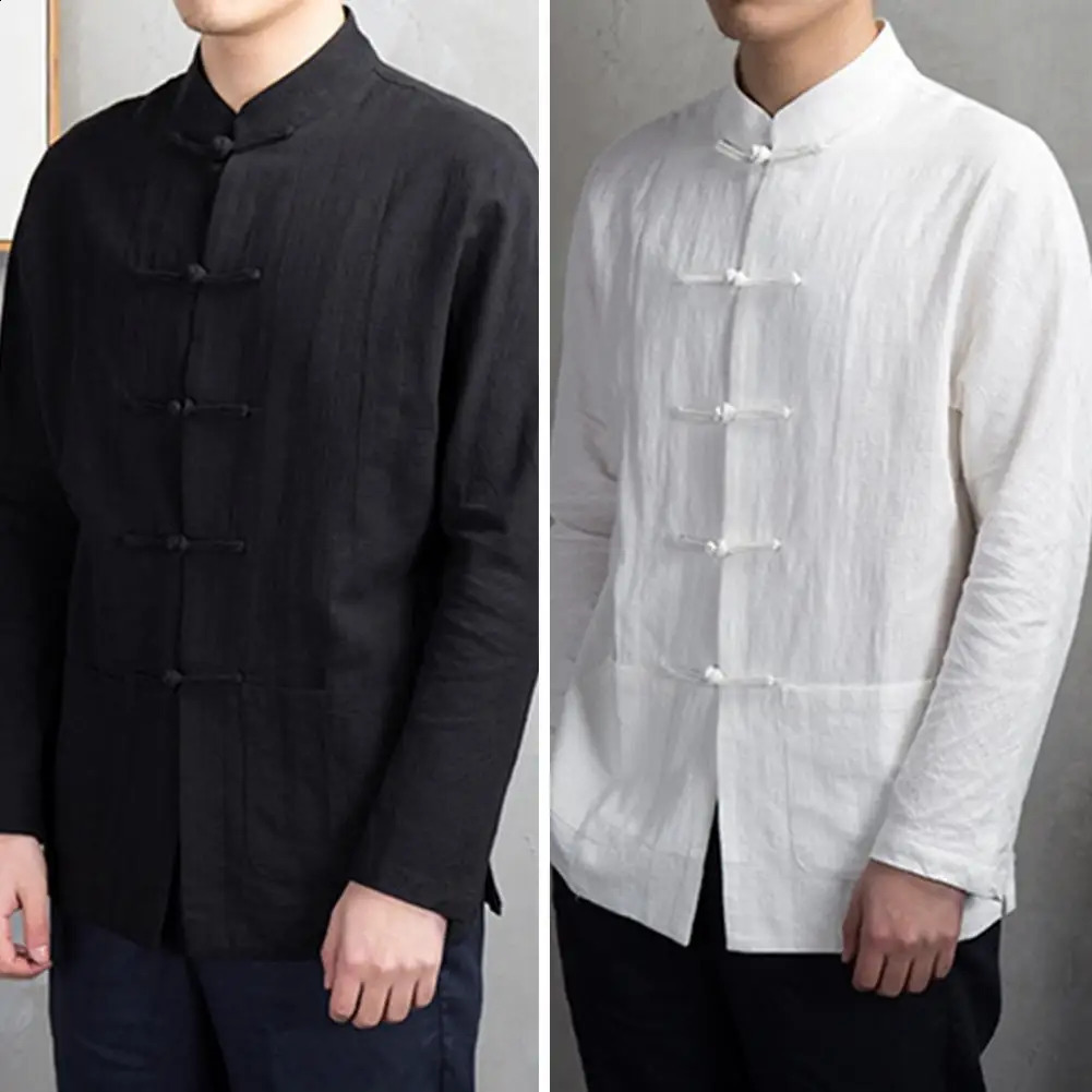 Solid color stand up collar shirt traditional Chinese mens shirt Wenhua collar long sleeved shirt suitable for Kung Fu 250225
