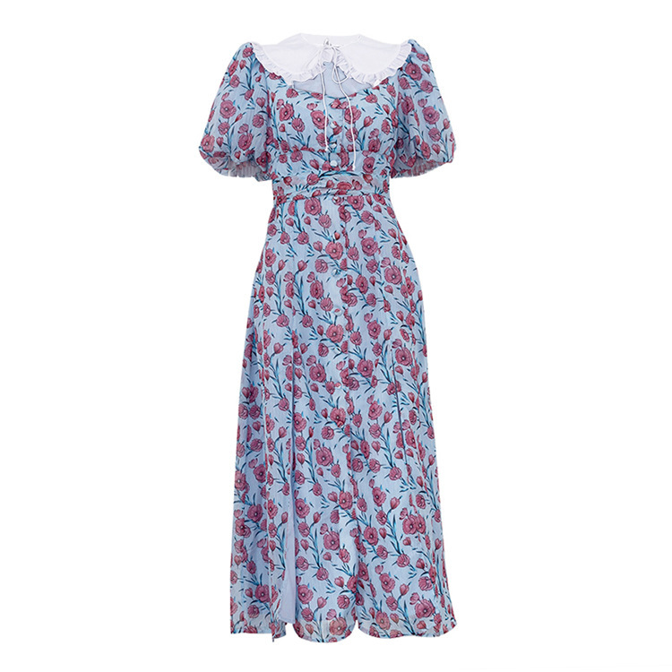 Women's New3 Summer New Sexy Hollow Out Print Doll Neck Short Sleeve Split Long Dress