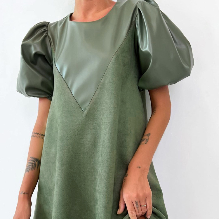 Feng New3 Spring Women's PU Leather Panel Design Feel Loose Solid Color Casual Short Sleeve Dress