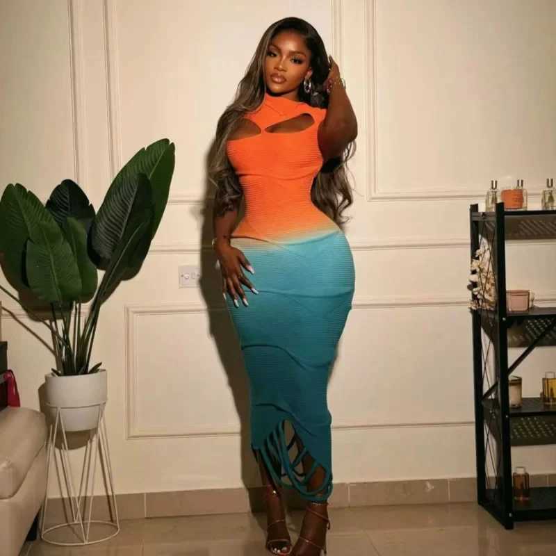 Basic Casual Dresses Sexy Knitted Gradient Orange Blue Hollow Out Maxi Dress Women Fashion Short Sleeve Skinny Stretch Tassel Y2K Birthday Long Dress 