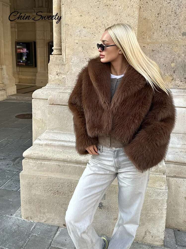 Brown Lapel Faux Fur Short Coat Women Fluffy Long Sleeve Warm Thick Loose Jacket 2024 Autumn Winter Lady High Street Outwear