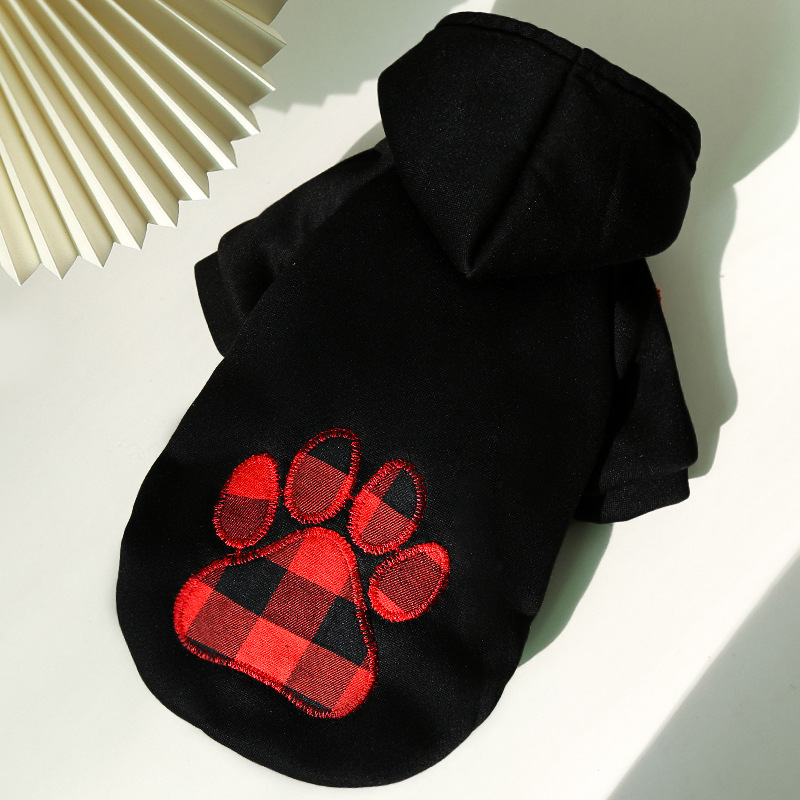 Stylish Dog Hoodie with Plaid Embroidered Heart, Dog Paw Pattern, Puppy Streetwear Autumn Winter Cotton Sweatshirt Fashion Outfit for Small Medium Lar